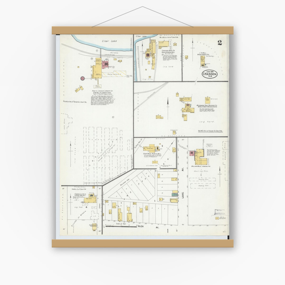 Old map wall art mockup — magnetic wood frame on white wall — Sanborn Fire Insurance Map from Crandon, Forest County, Wisconsin (1904), Sheet #0002