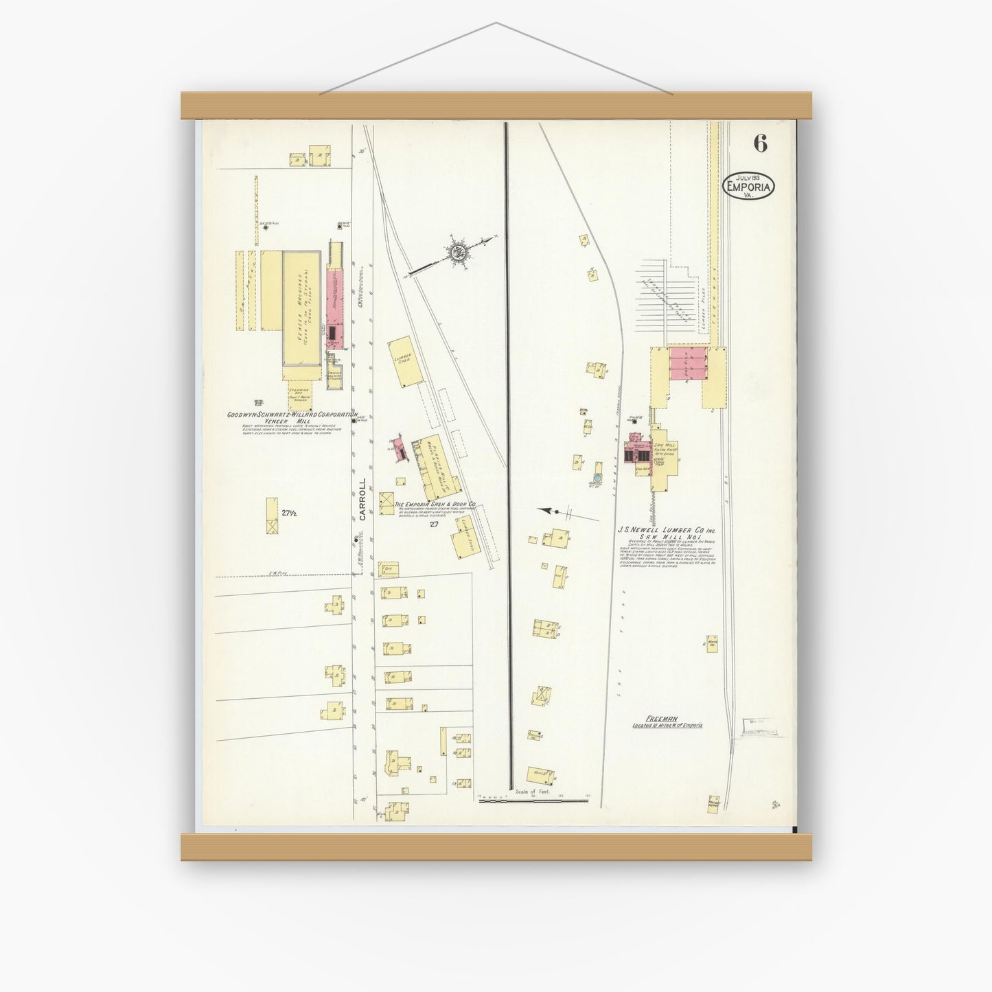 Old map wall art mockup — magnetic wood frame on white wall — Sanborn Fire Insurance Map from Emporia, Independent Cities, Virginia (1913), Sheet #0006