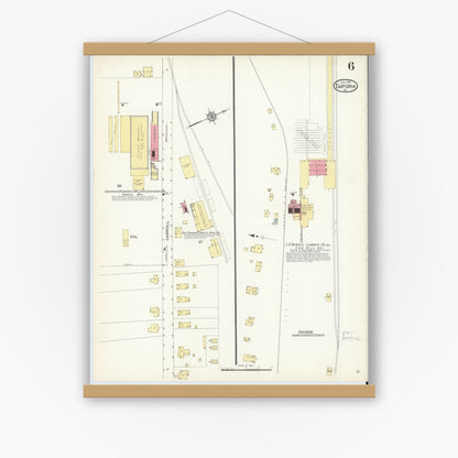 Old map wall art mockup — magnetic wood frame on white wall — Sanborn Fire Insurance Map from Emporia, Independent Cities, Virginia (1913), Sheet #0006