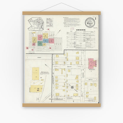 Old map wall art mockup — magnetic wood frame on white wall — Sanborn Fire Insurance Map from Mart, McLennan County, Texas (1915), Sheet #0001