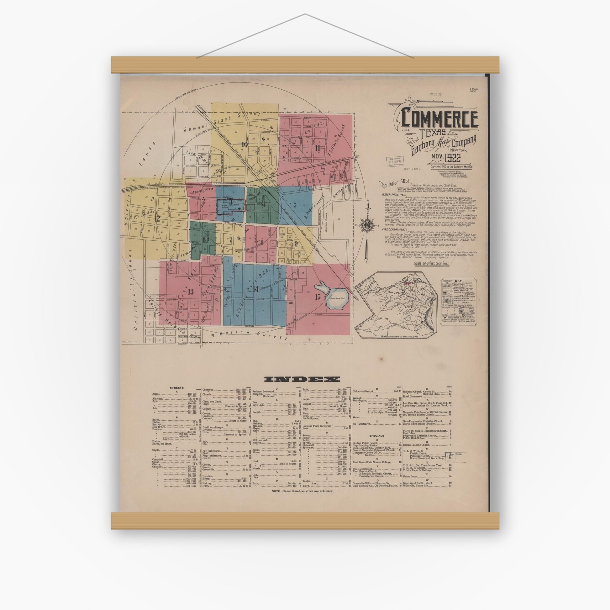 Old map wall art mockup — magnetic wood frame on white wall — Sanborn Fire Insurance Map from Commerce, Hunt County, Texas (1922), Sheet #0001