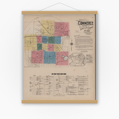 Old map wall art mockup — magnetic wood frame on white wall — Sanborn Fire Insurance Map from Commerce, Hunt County, Texas (1922), Sheet #0001