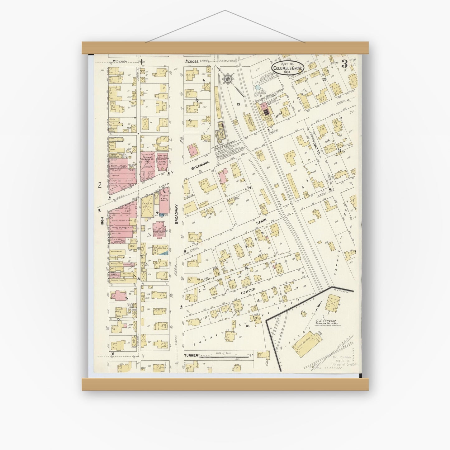 Old map wall art mockup — magnetic wood frame on white wall — Sanborn Fire Insurance Map from Columbus Grove, Putnam County, Ohio (1911), Sheet #0003