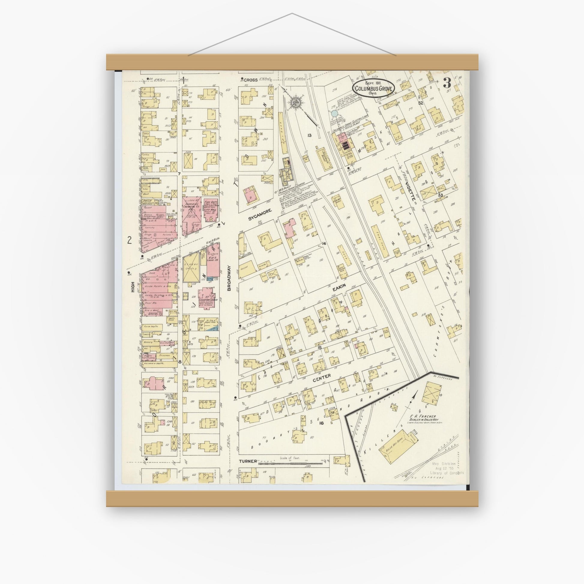 Old map wall art mockup — magnetic wood frame on white wall — Sanborn Fire Insurance Map from Columbus Grove, Putnam County, Ohio (1911), Sheet #0003