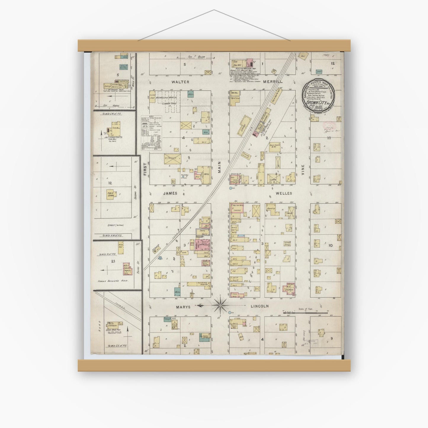 Old map wall art mockup — magnetic wood frame on white wall — Sanborn Fire Insurance Map from Brown City, Sanilac County, Michigan (1895), Sheet #0001