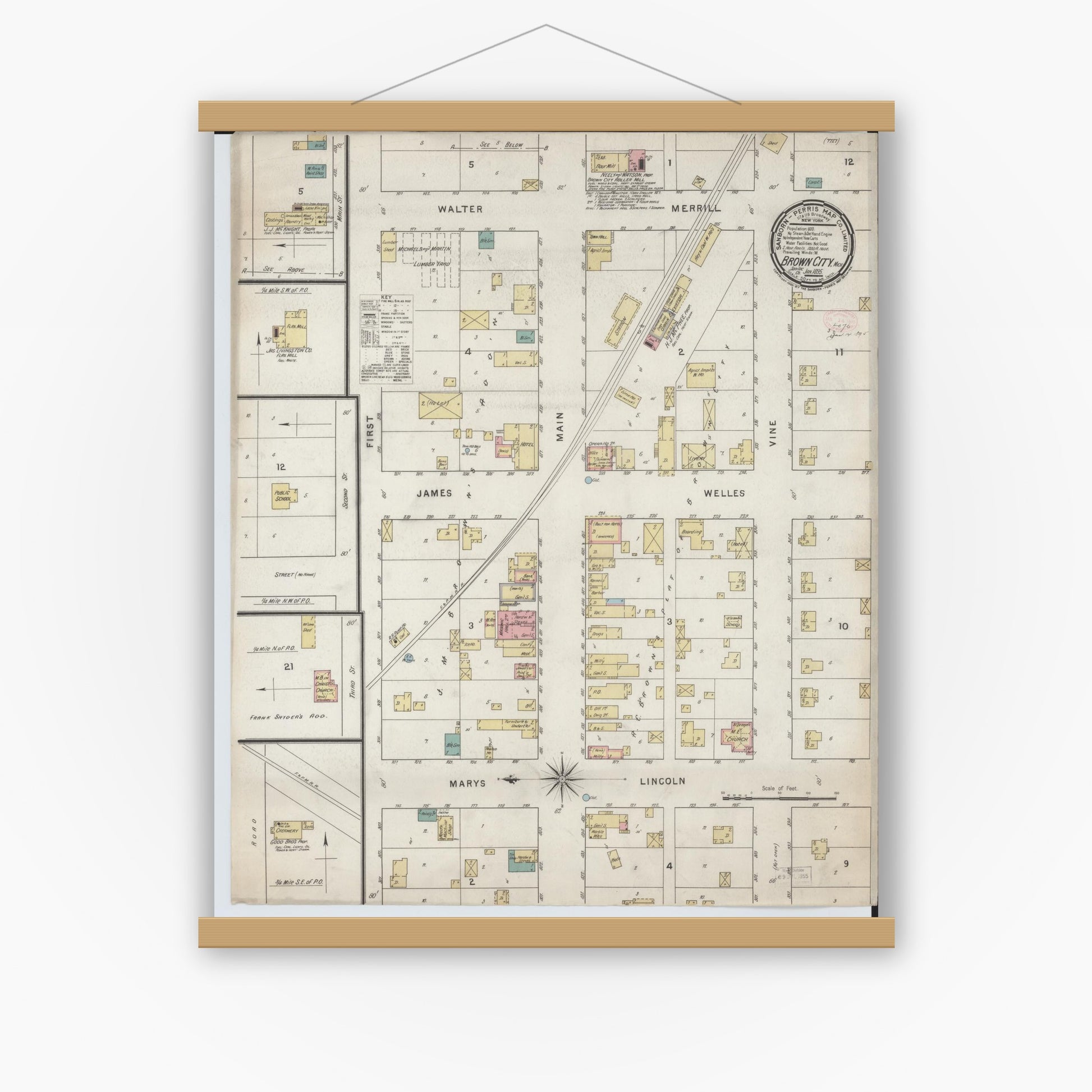 Old map wall art mockup — magnetic wood frame on white wall — Sanborn Fire Insurance Map from Brown City, Sanilac County, Michigan (1895), Sheet #0001