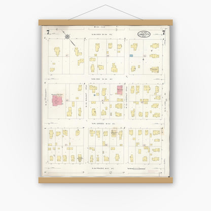 Old map wall art mockup — magnetic wood frame on white wall — Sanborn Fire Insurance Map from Lake City, Wabasha County, Minnesota (1938), Sheet #0007