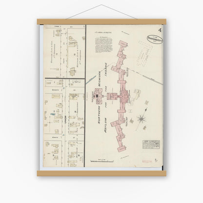 Old map wall art mockup — magnetic wood frame on white wall — Sanborn Fire Insurance Map from Traverse City, Grand Traverse County, Michigan (1884), Sheet #0004