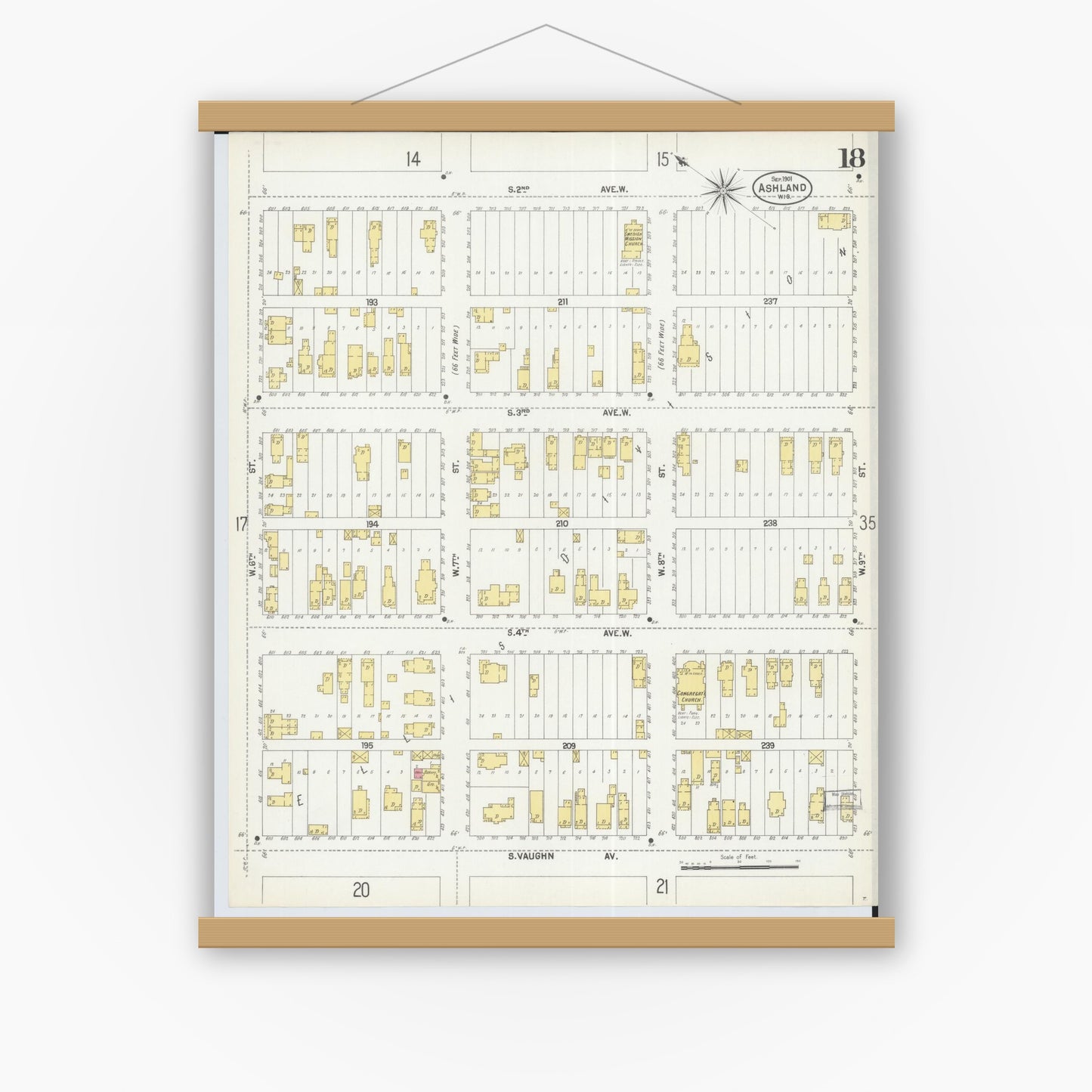 Old map wall art mockup — magnetic wood frame on white wall — Sanborn Fire Insurance Map from Ashland, Ashland County, Wisconsin (1901), Sheet #0018
