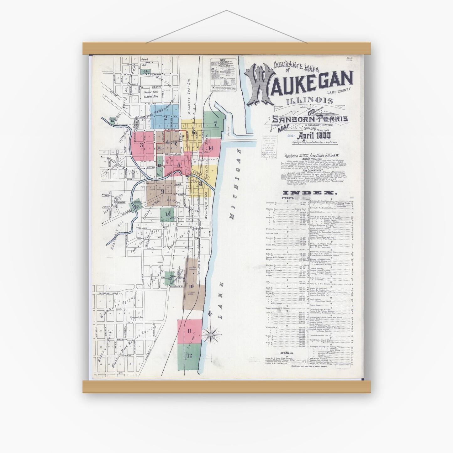 Old map wall art mockup — magnetic wood frame on white wall — Sanborn Fire Insurance Map from Waukegan, Lake County, Illinois (1900) - Complete Map Set