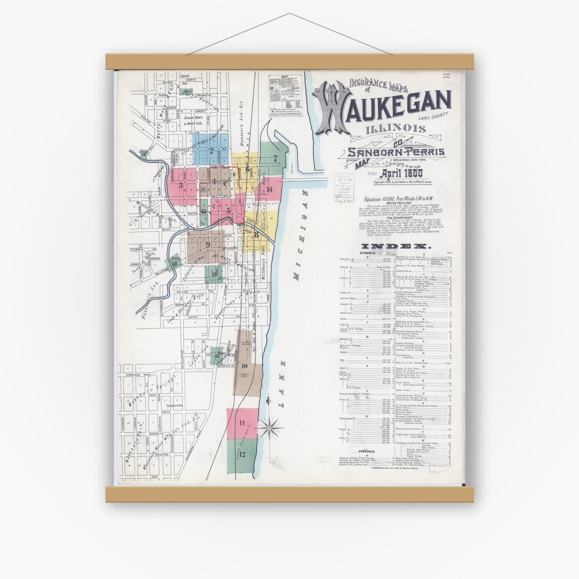 Old map wall art mockup — magnetic wood frame on white wall — Sanborn Fire Insurance Map from Waukegan, Lake County, Illinois (1900) - Complete Map Set