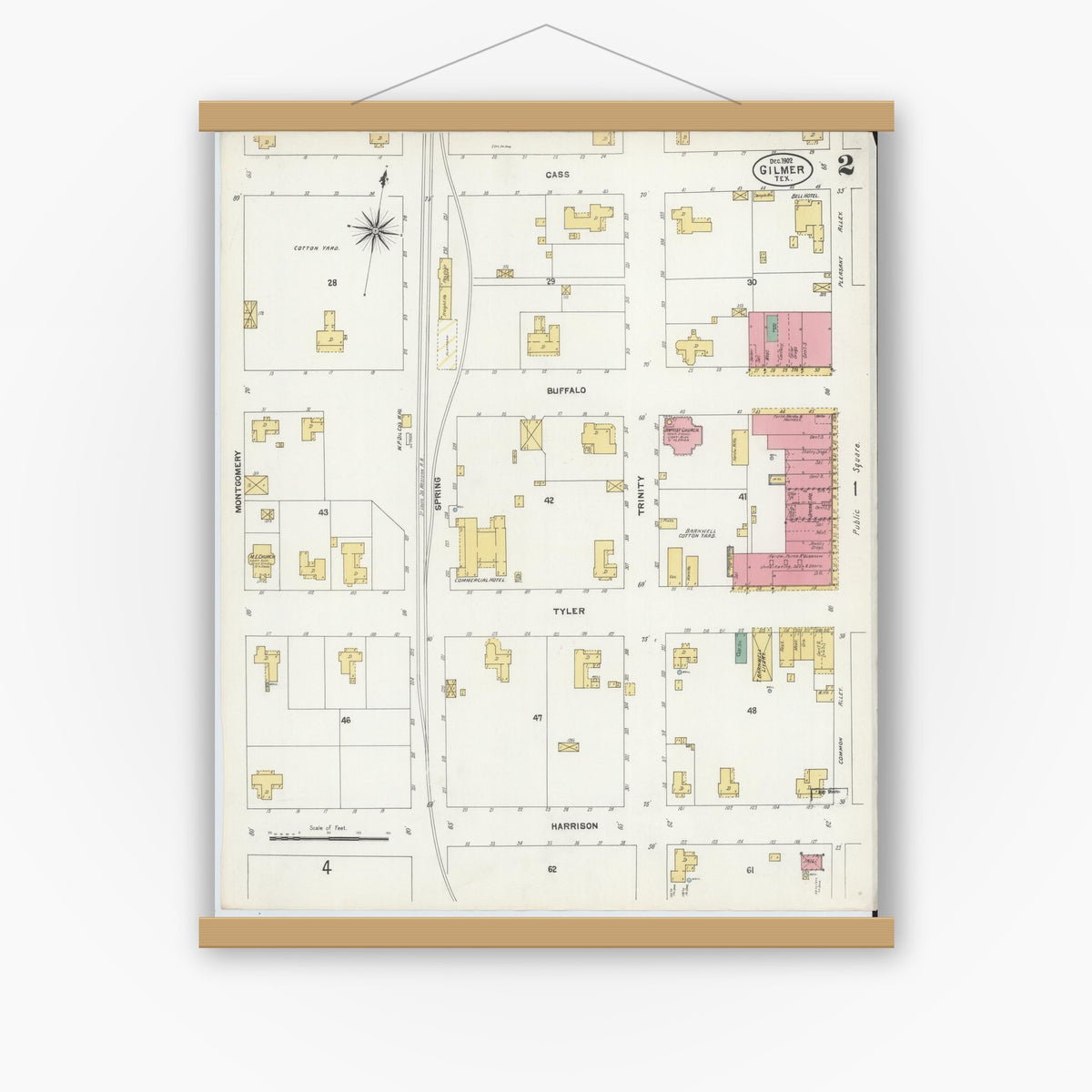 Old map wall art mockup — magnetic wood frame on white wall — Sanborn Fire Insurance Map from Gilmer, Upshur County, Texas (1902), Sheet #0002