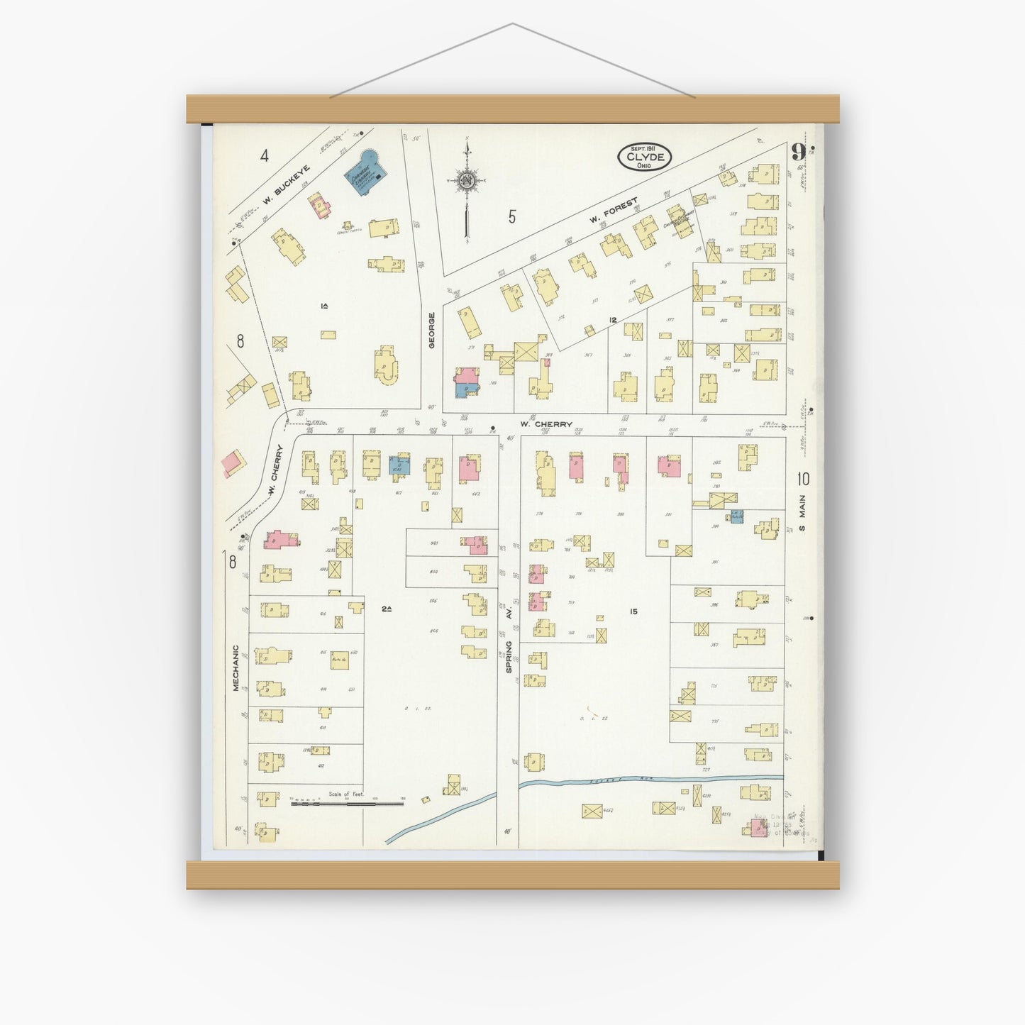 Old map wall art mockup — magnetic wood frame on white wall — Sanborn Fire Insurance Map from Clyde, Sandusky County, Ohio (1911), Sheet #0009