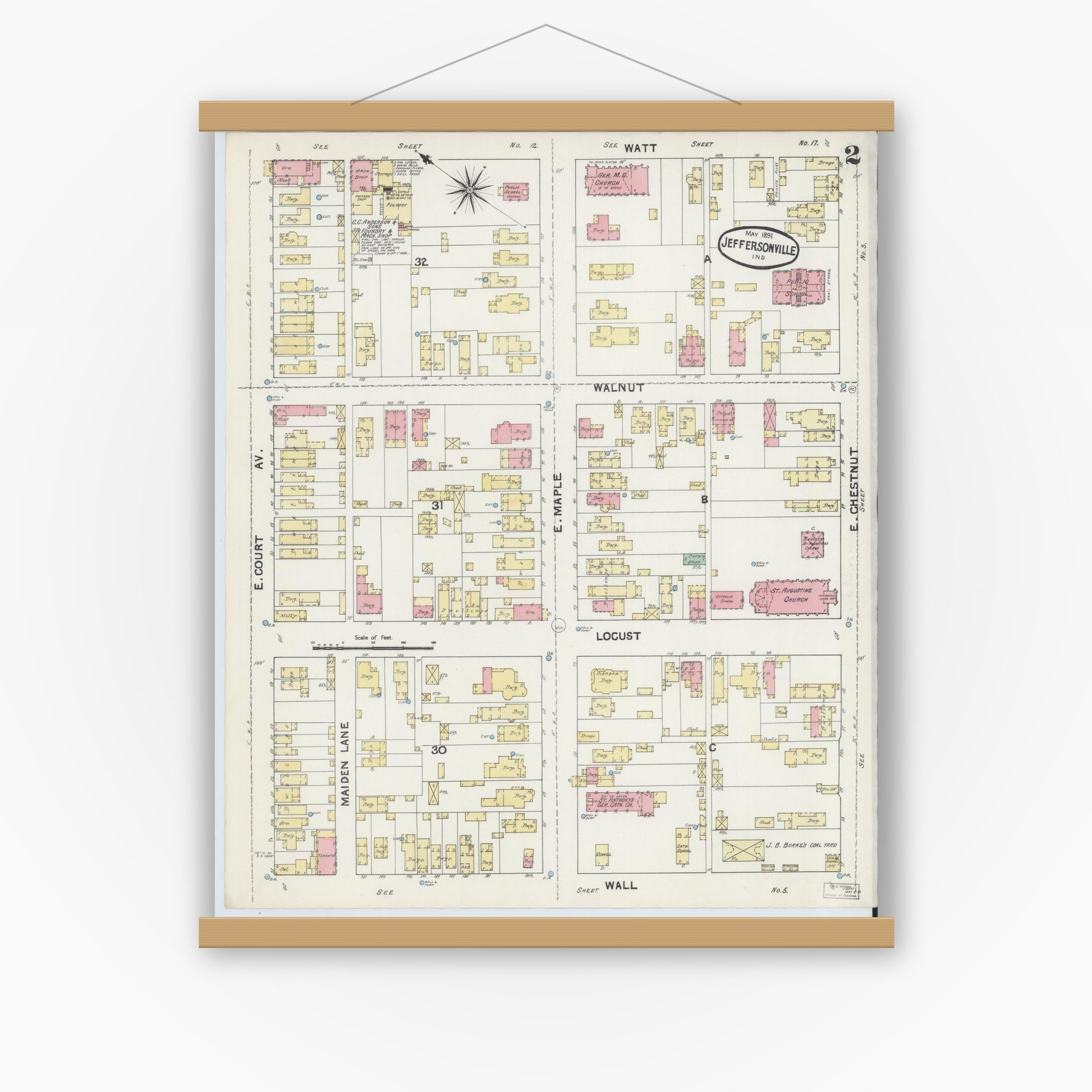 Old map wall art mockup — magnetic wood frame on white wall — Sanborn Fire Insurance Map from Jeffersonville, Clark County, Indiana (1891), Sheet #0002