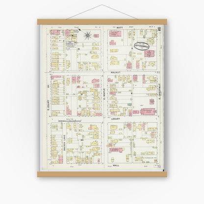 Old map wall art mockup — magnetic wood frame on white wall — Sanborn Fire Insurance Map from Jeffersonville, Clark County, Indiana (1891), Sheet #0002