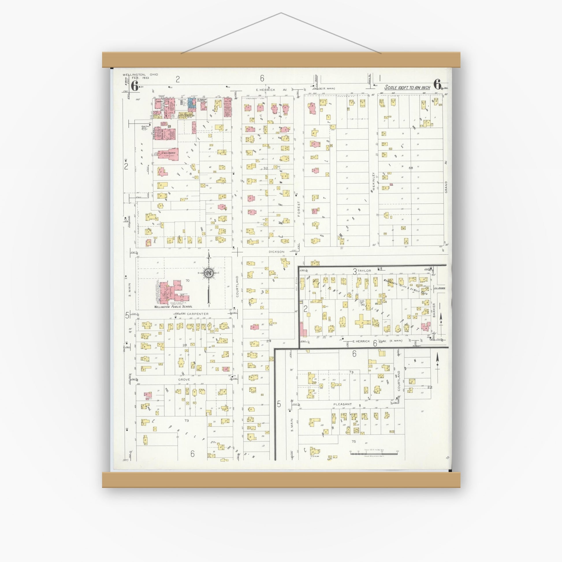 Old map wall art mockup — magnetic wood frame on white wall — Sanborn Fire Insurance Map from Wellington, Lorain County, Ohio (1933), Sheet #0006