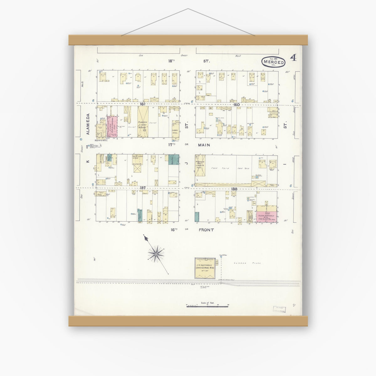 Old map wall art mockup — magnetic wood frame on white wall — Sanborn Fire Insurance Map from Merced, Merced County, California (1891), Sheet #0004