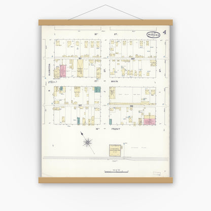 Old map wall art mockup — magnetic wood frame on white wall — Sanborn Fire Insurance Map from Merced, Merced County, California (1891), Sheet #0004