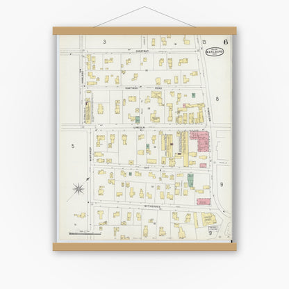 Old map wall art mockup — magnetic wood frame on white wall — Sanborn Fire Insurance Map from Marlborough, Middlesex County, Massachusetts (1896), Sheet #0006
