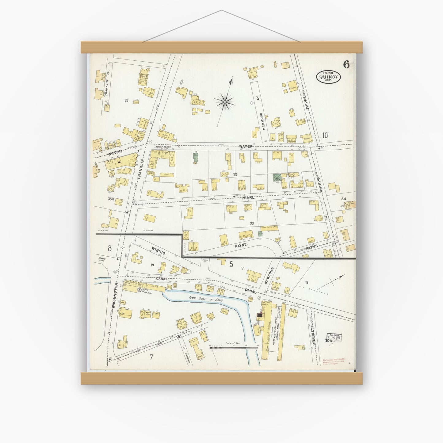 Old map wall art mockup — magnetic wood frame on white wall — Sanborn Fire Insurance Map from Quincy, Norfolk County, Massachusetts (1901), Sheet #0006