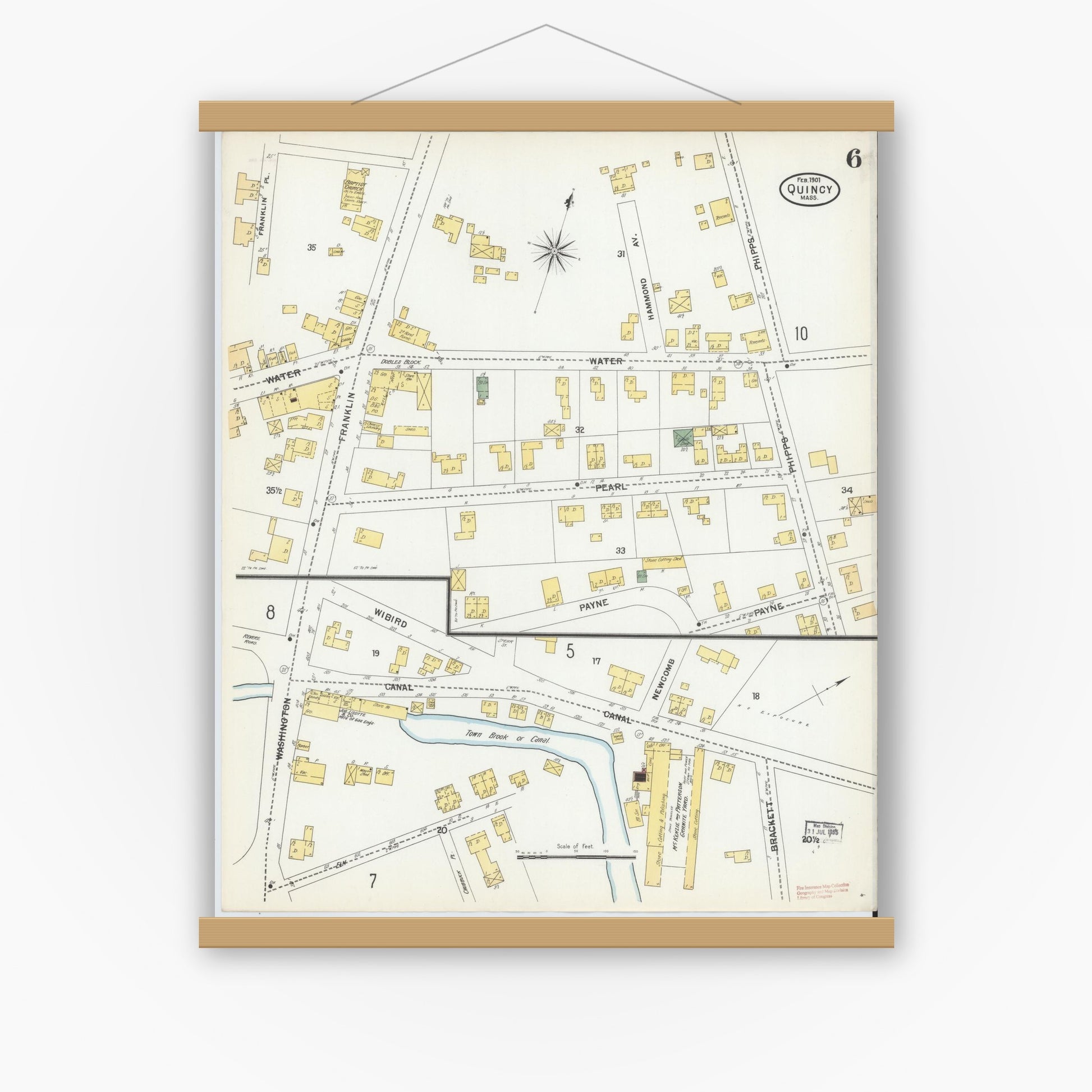 Old map wall art mockup — magnetic wood frame on white wall — Sanborn Fire Insurance Map from Quincy, Norfolk County, Massachusetts (1901), Sheet #0006
