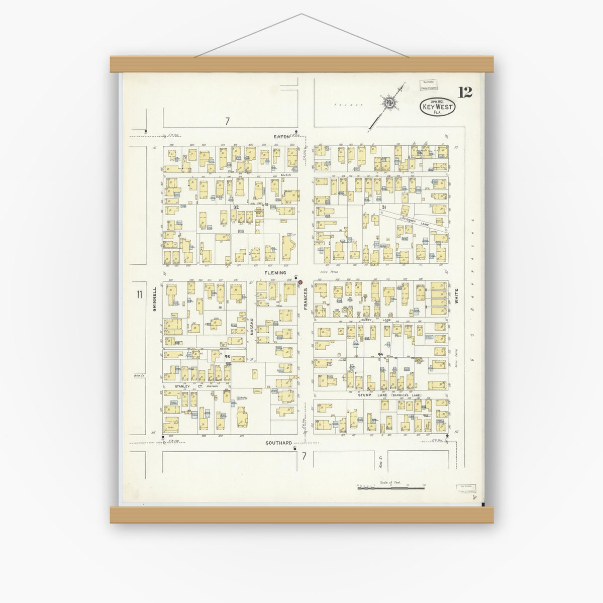 Old map wall art mockup — magnetic wood frame on white wall — Sanborn Fire Insurance Map from Key West, Monroe County, Florida (1912), Sheet #0012