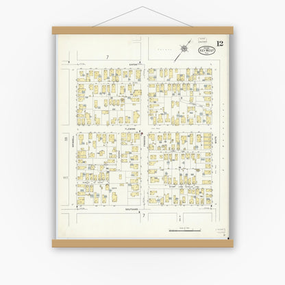 Old map wall art mockup — magnetic wood frame on white wall — Sanborn Fire Insurance Map from Key West, Monroe County, Florida (1912), Sheet #0012
