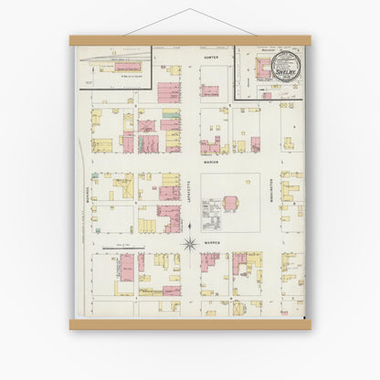 Old map wall art mockup — magnetic wood frame on white wall — Sanborn Fire Insurance Map from Shelby, Cleveland County, North Carolina (1896), Sheet #0001