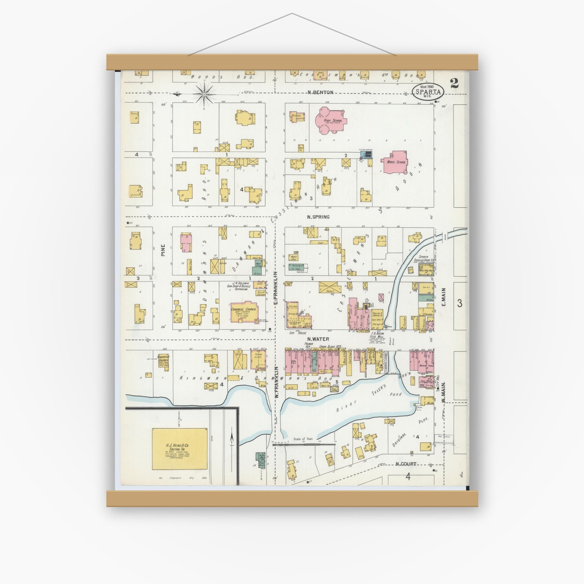 Old map wall art mockup — magnetic wood frame on white wall — Sanborn Fire Insurance Map from Sparta, Monroe County, Wisconsin (1900), Sheet #0002
