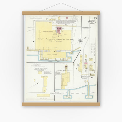 Old map wall art mockup — magnetic wood frame on white wall — Sanborn Fire Insurance Map from Roosevelt, Middlesex County, New Jersey (1908), Sheet #0010
