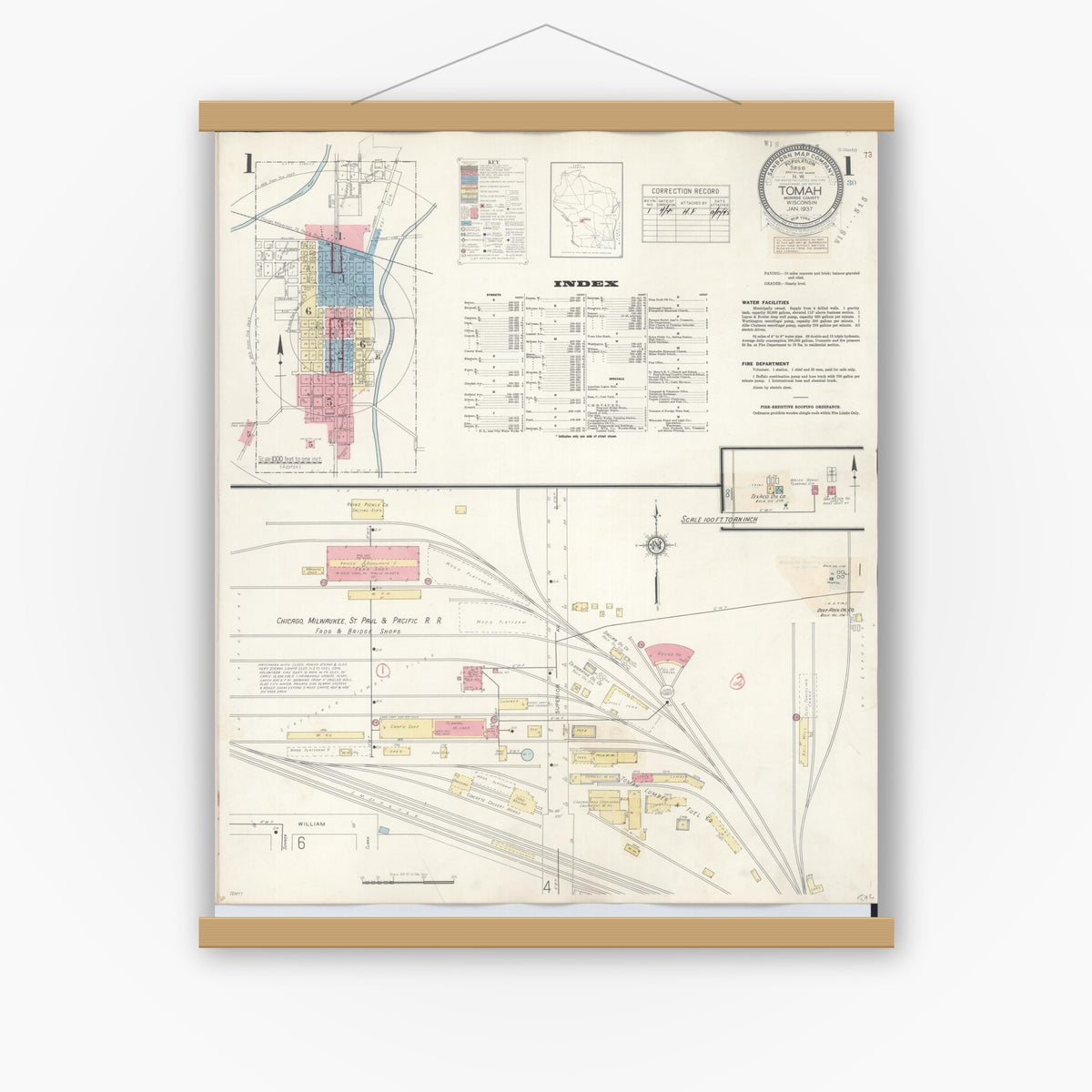 Old map wall art mockup — magnetic wood frame on white wall — Sanborn Fire Insurance Map from Tomah, Monroe County, Wisconsin (1944) - Complete Map Set