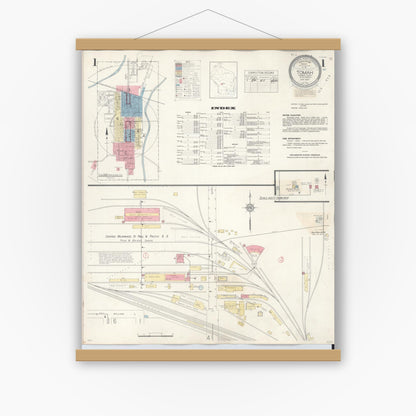 Old map wall art mockup — magnetic wood frame on white wall — Sanborn Fire Insurance Map from Tomah, Monroe County, Wisconsin (1944) - Complete Map Set