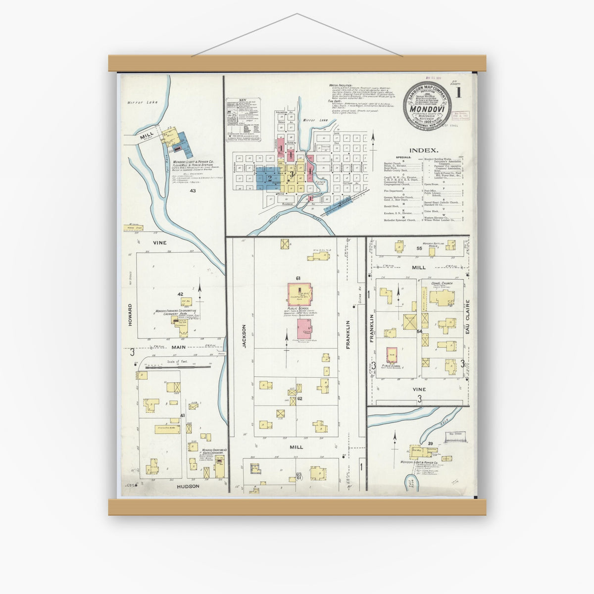 Old map wall art mockup — magnetic wood frame on white wall — Sanborn Fire Insurance Map from Mondovi, Buffalo County, Wisconsin (1909) - Complete Map Set