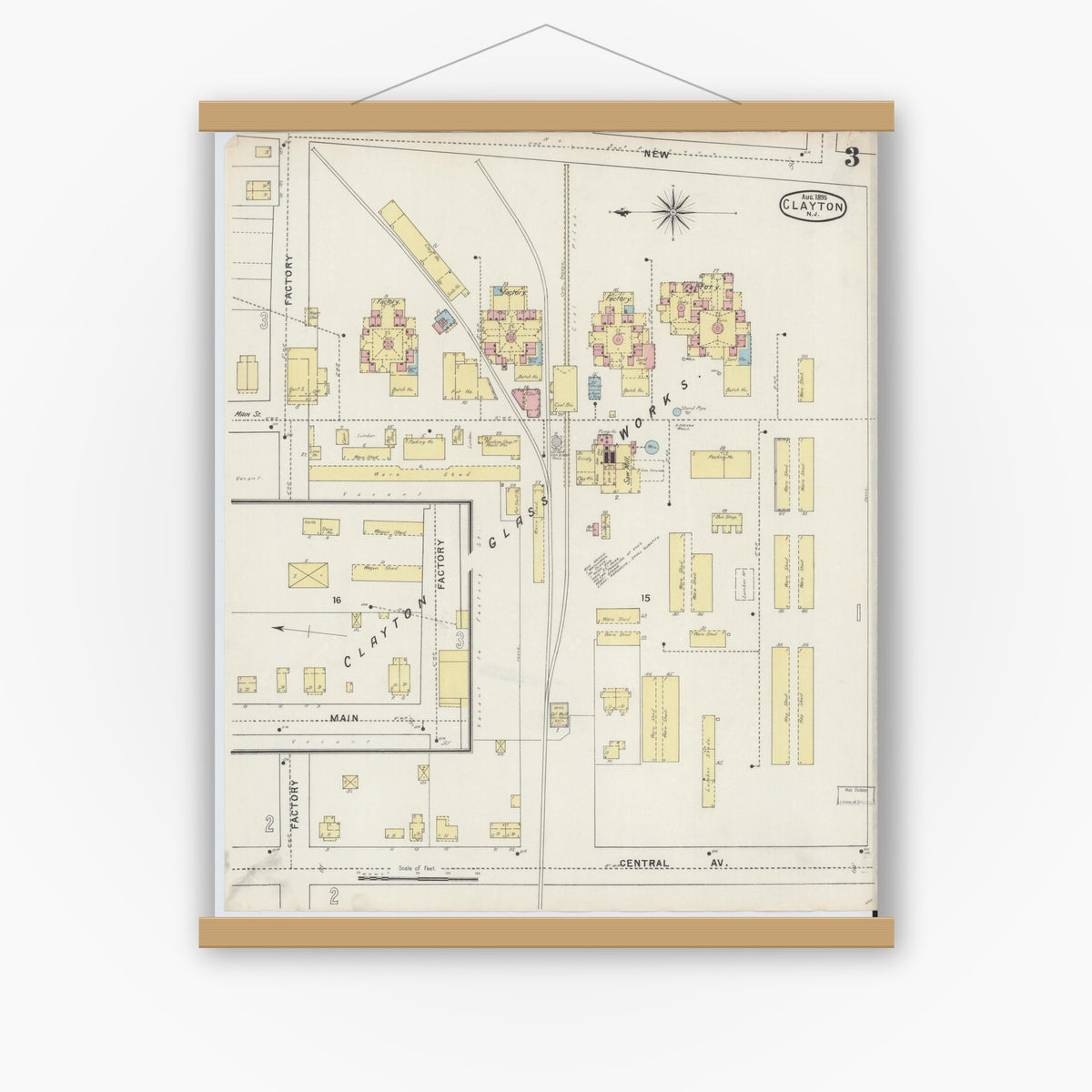 Old map wall art mockup — magnetic wood frame on white wall — Sanborn Fire Insurance Map from Clayton, Gloucester County, New Jersey (1895), Sheet #0003