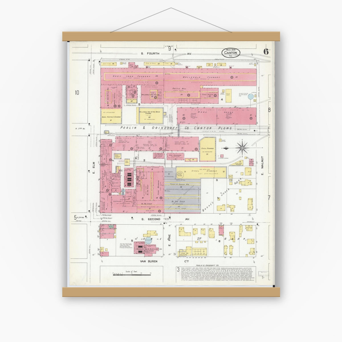 Old map wall art mockup — magnetic wood frame on white wall — Sanborn Fire Insurance Map from Canton, Fulton County, Illinois (1909), Sheet #0006