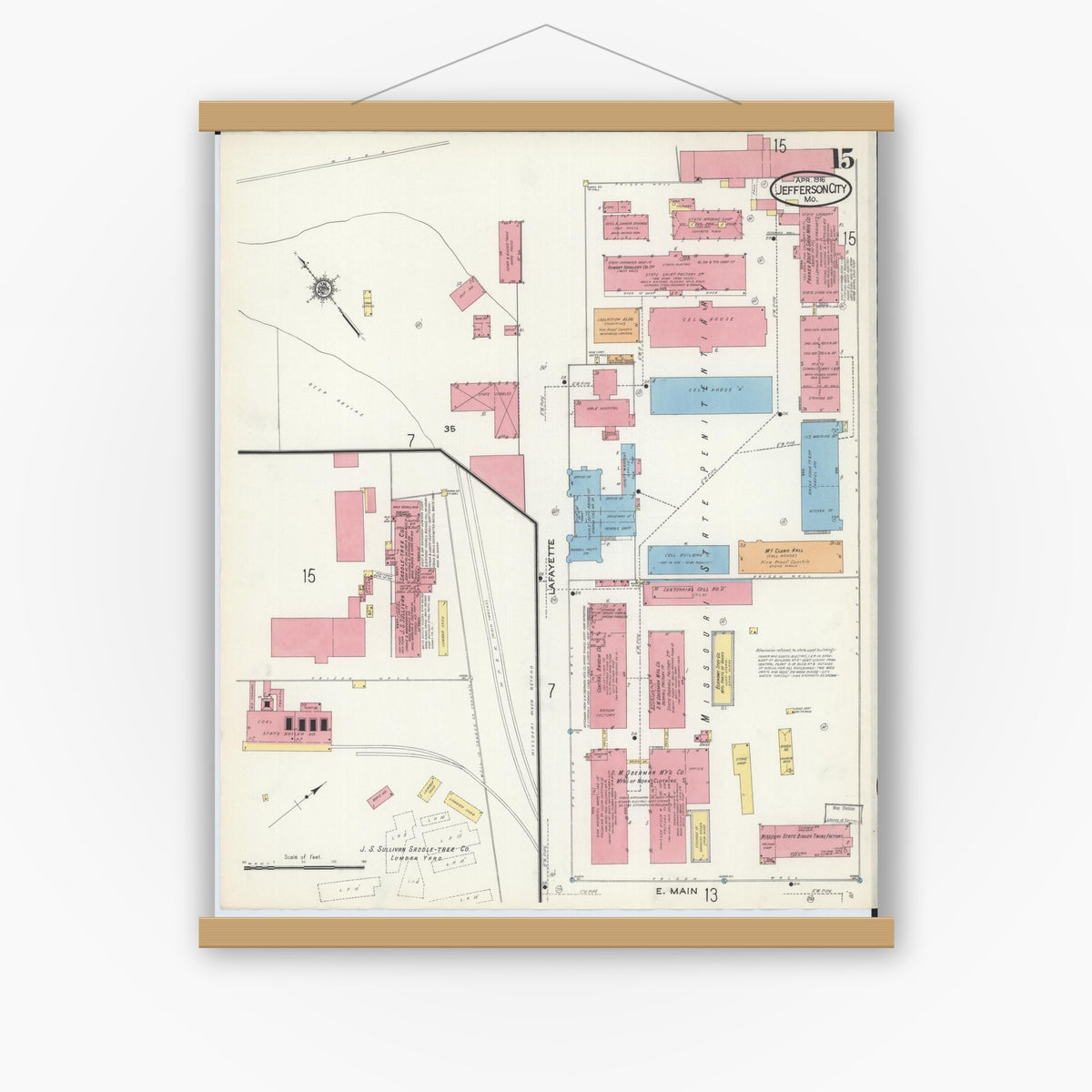 Old map wall art mockup — magnetic wood frame on white wall — Sanborn Fire Insurance Map from Jefferson City, Cole County, Missouri (1916), Sheet #0015