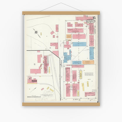 Old map wall art mockup — magnetic wood frame on white wall — Sanborn Fire Insurance Map from Jefferson City, Cole County, Missouri (1916), Sheet #0015