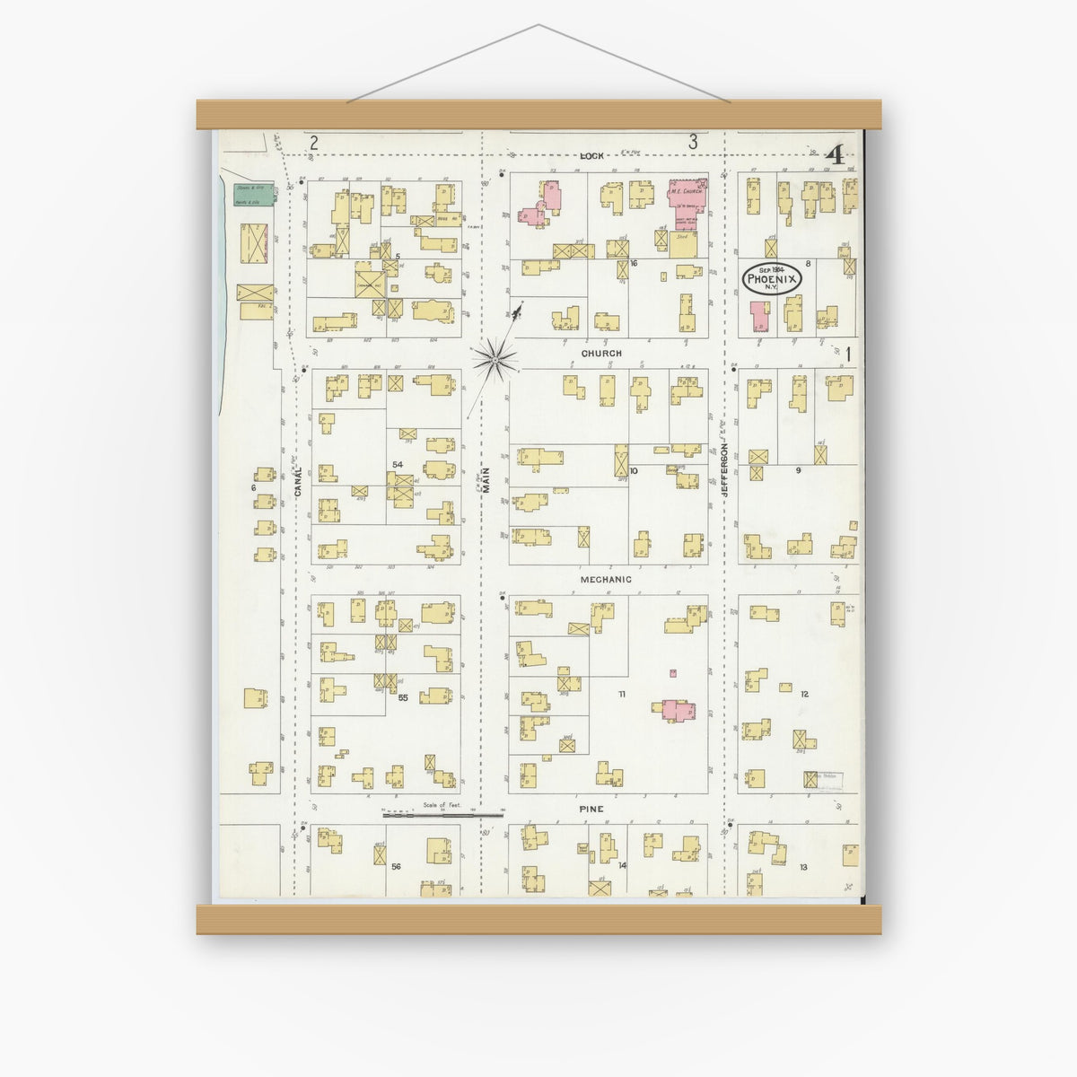 Old map wall art mockup — magnetic wood frame on white wall — Sanborn Fire Insurance Map from Phoenix, Oswego County, New York (1904), Sheet #0004