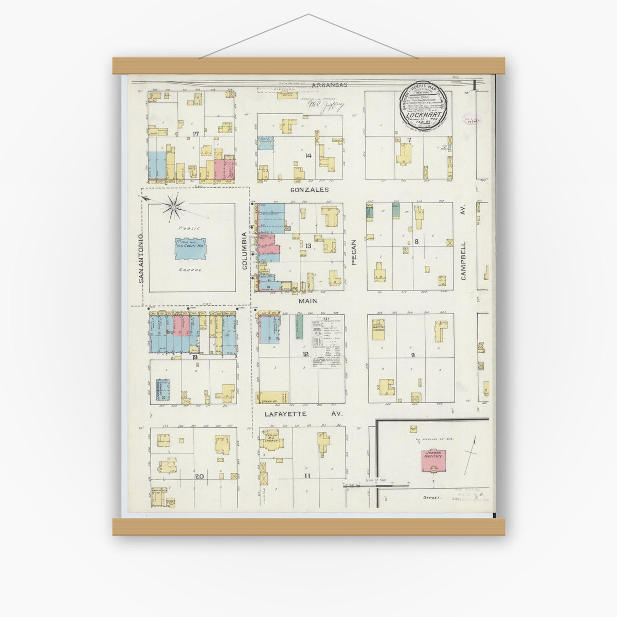 Old map wall art mockup — magnetic wood frame on white wall — Sanborn Fire Insurance Map from Lockhart, Caldwell County, Texas (1894) - Complete Map Set