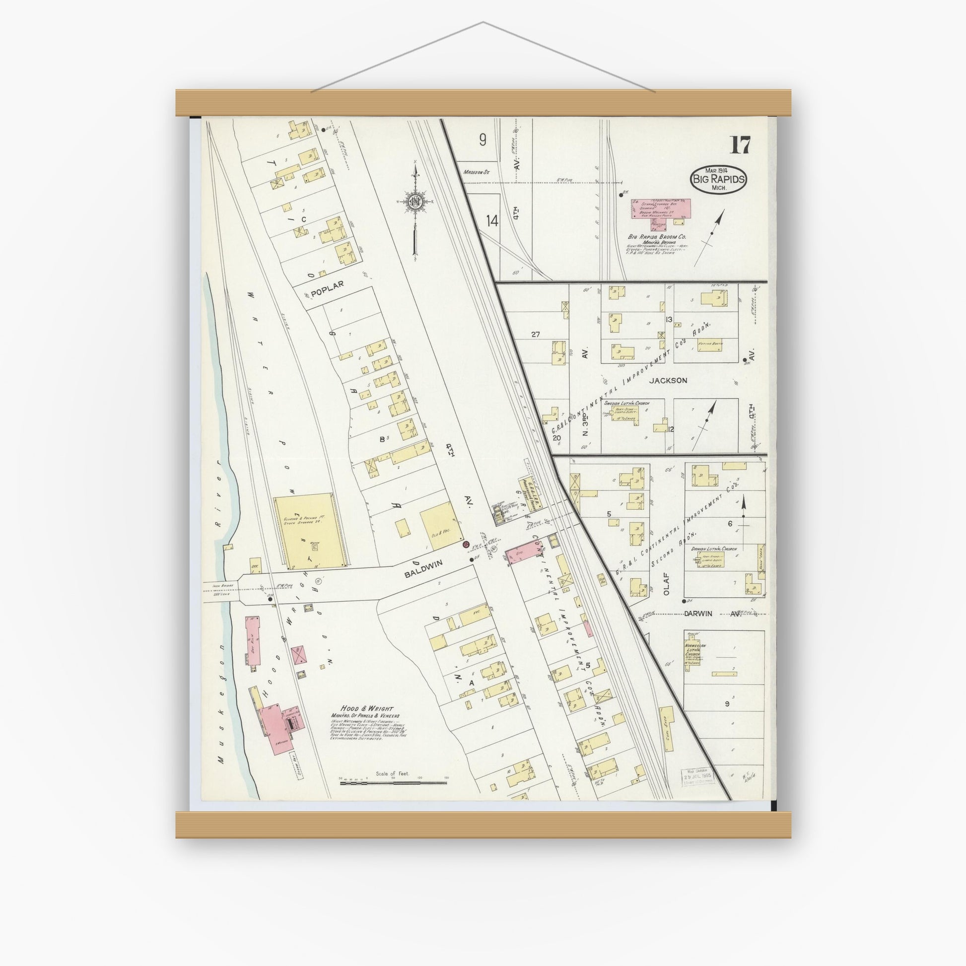Old map wall art mockup — magnetic wood frame on white wall — Sanborn Fire Insurance Map from Big Rapids, Mecosta County, Michigan (1914), Sheet #0017