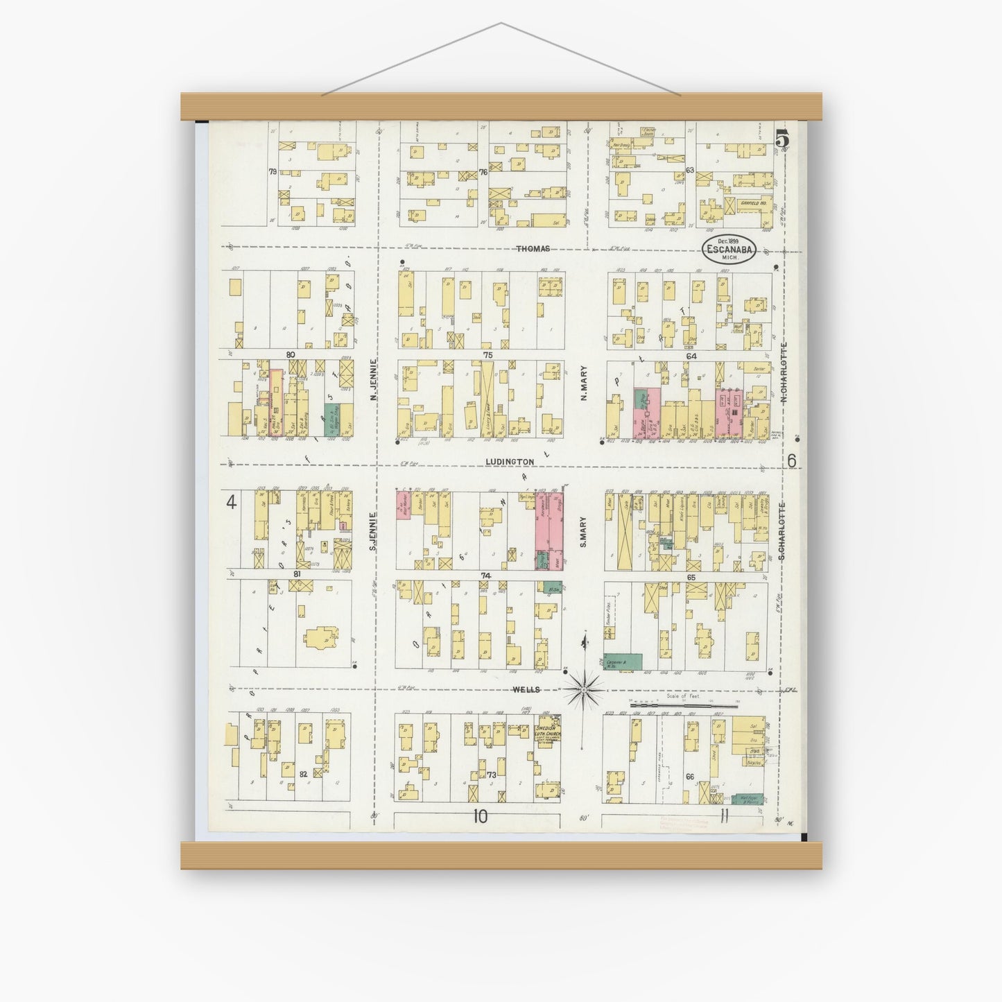 Old map wall art mockup — magnetic wood frame on white wall — Sanborn Fire Insurance Map from Escanaba, Delta County, Michigan (1899), Sheet #0005
