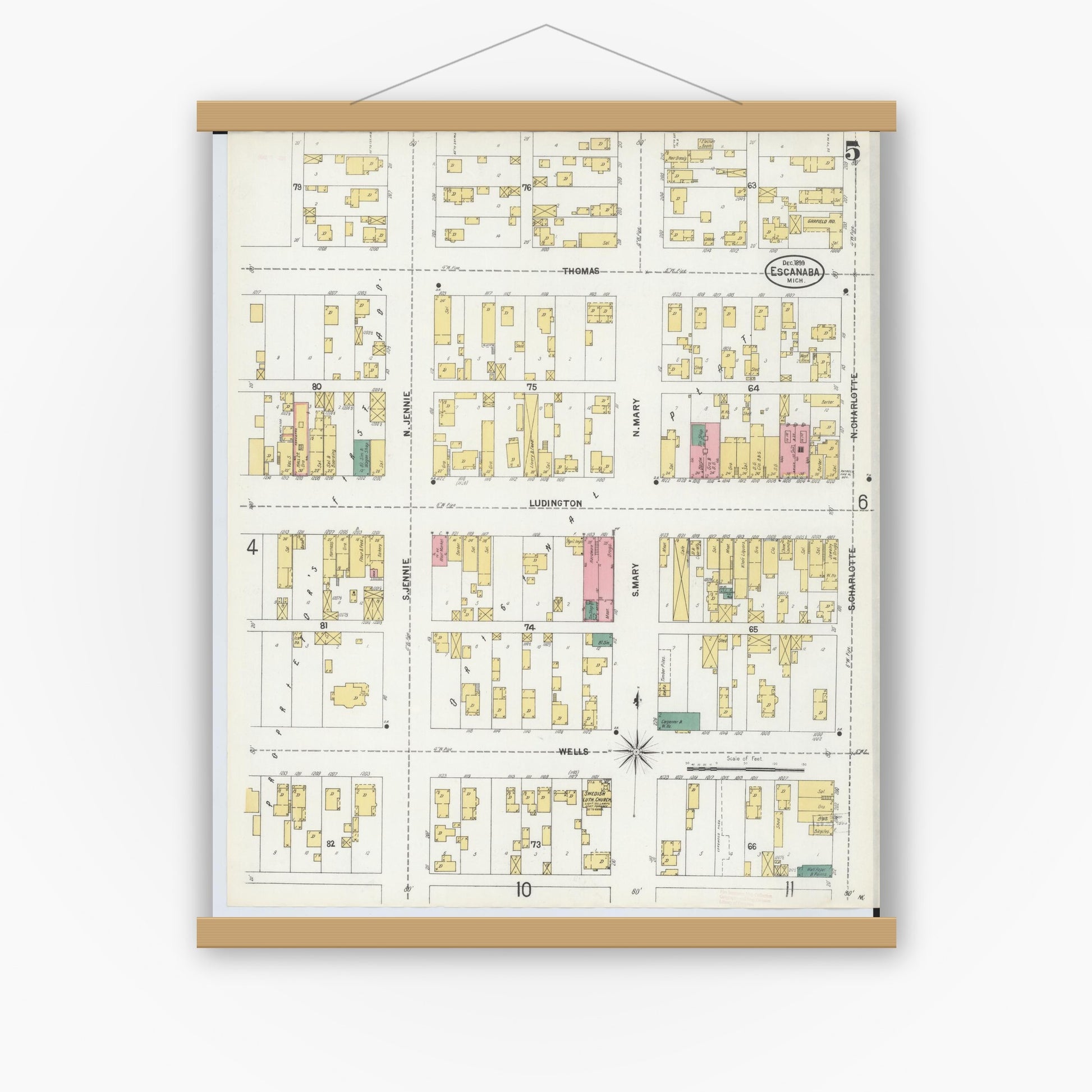 Old map wall art mockup — magnetic wood frame on white wall — Sanborn Fire Insurance Map from Escanaba, Delta County, Michigan (1899), Sheet #0005