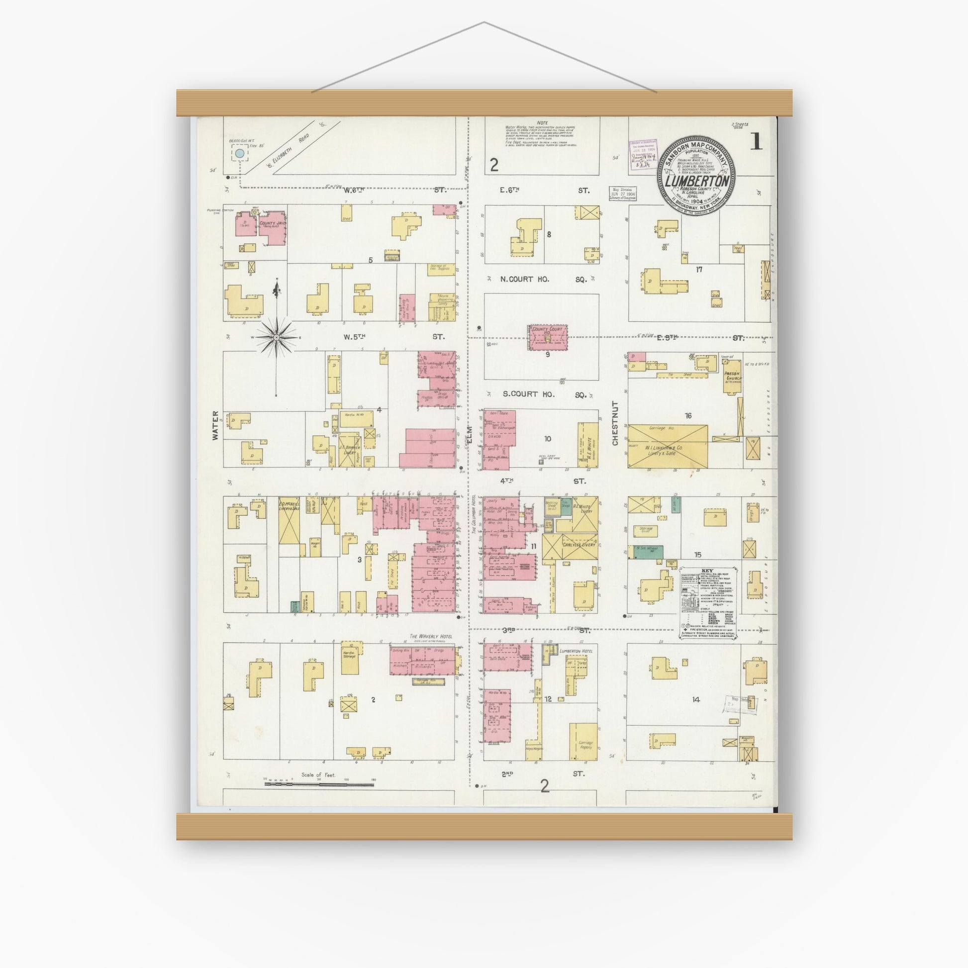 Old map wall art mockup — magnetic wood frame on white wall — Sanborn Fire Insurance Map from Lumberton, Robeson County, North Carolina (1904) - Complete Map Set