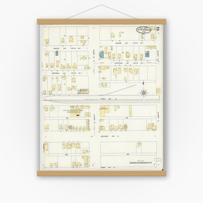Old map wall art mockup — magnetic wood frame on white wall — Sanborn Fire Insurance Map from Saint Petersburg, Pinellas County, Florida (1908), Sheet #0002