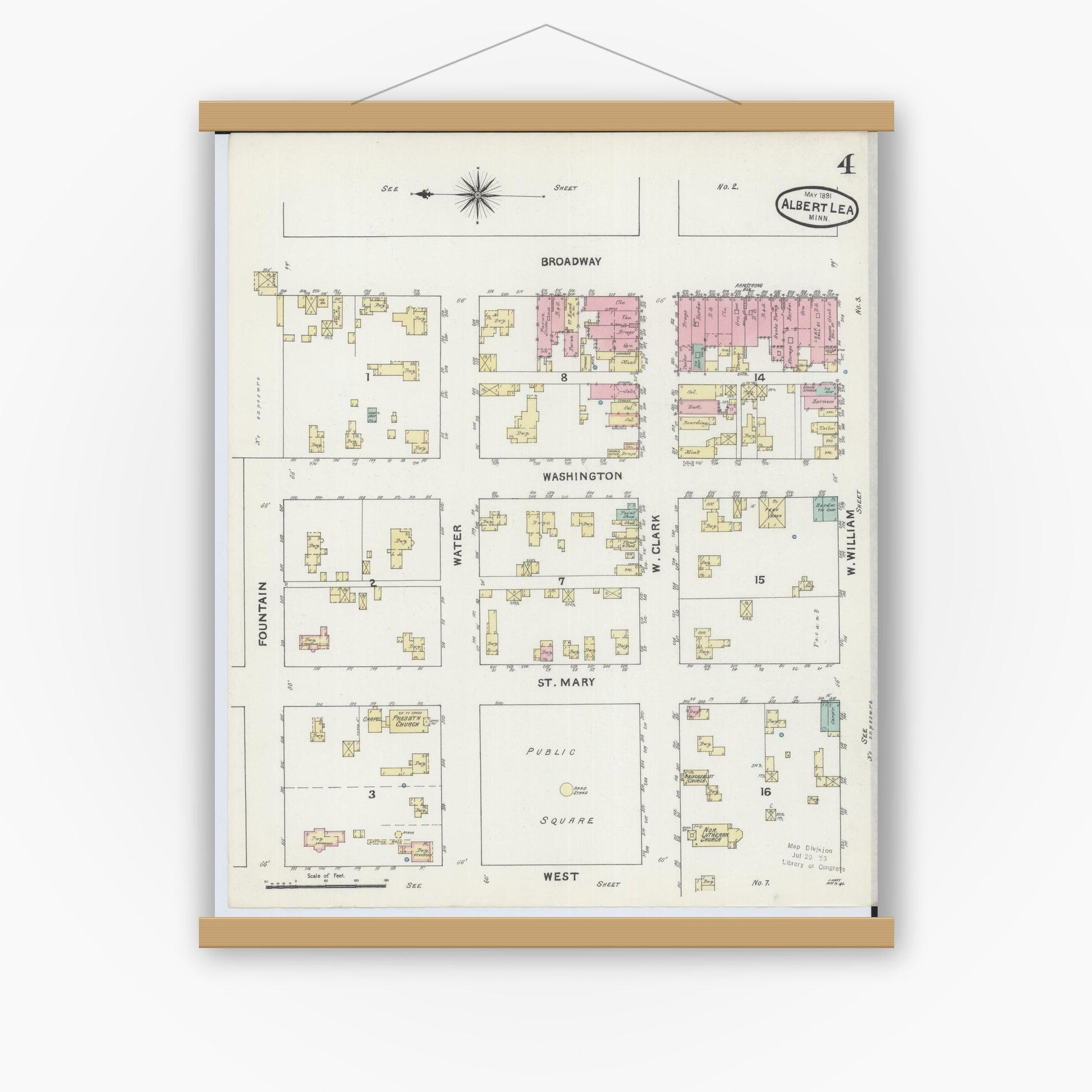 Old map wall art mockup — magnetic wood frame on white wall — Sanborn Fire Insurance Map from Albert Lea, Freeborn County, Minnesota (1891), Sheet #0004
