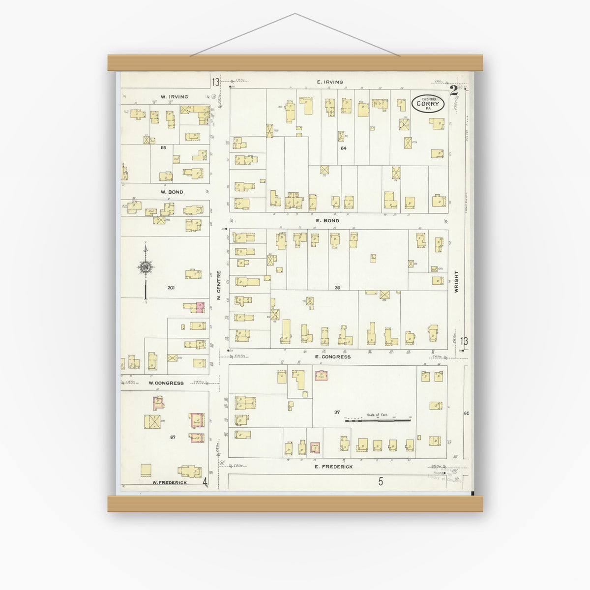 Old map wall art mockup — magnetic wood frame on white wall — Sanborn Fire Insurance Map from Corry, Erie County, Pennsylvania (1909), Sheet #0002
