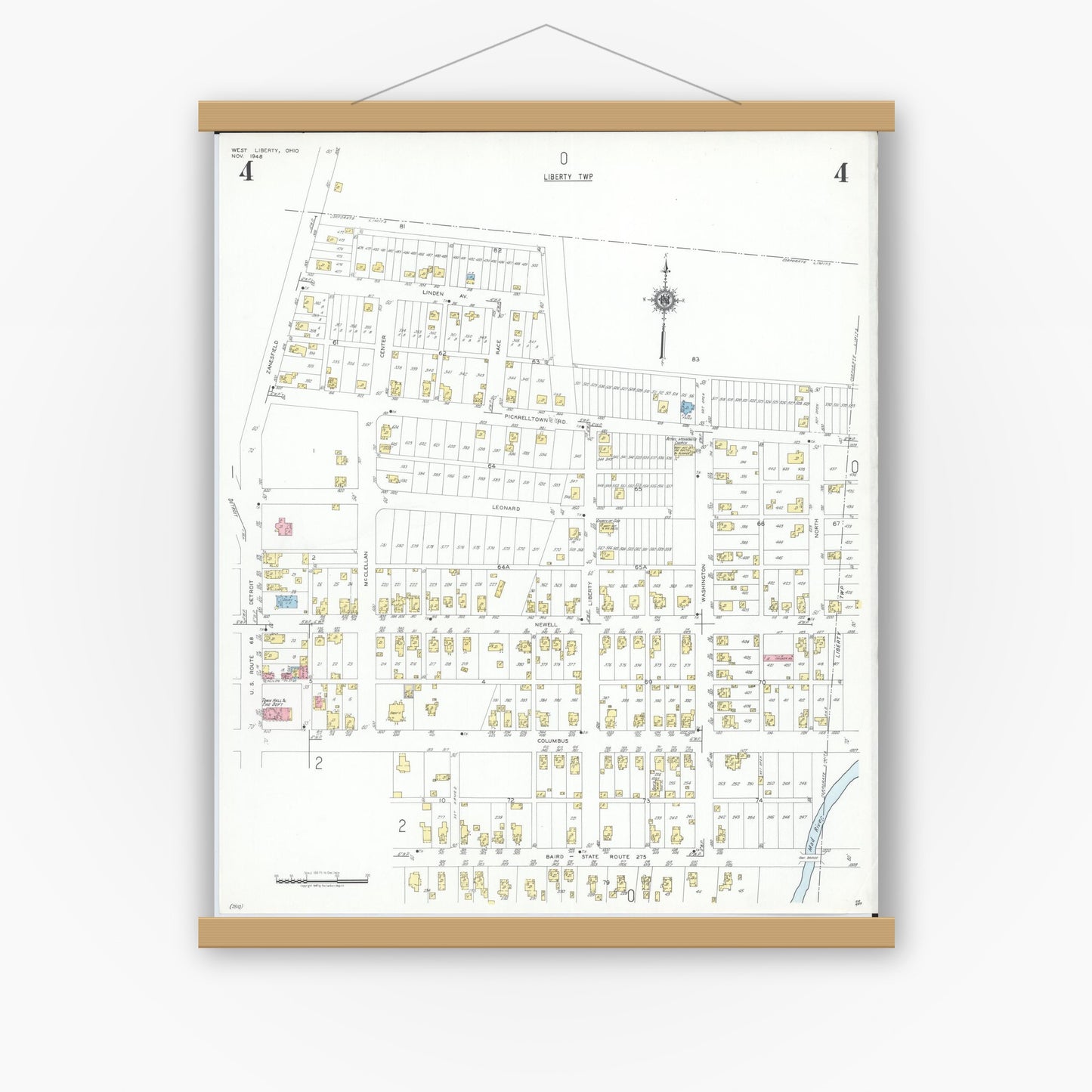 Old map wall art mockup — magnetic wood frame on white wall — Sanborn Fire Insurance Map from West Liberty, Logan County, Ohio (1948), Sheet #0004