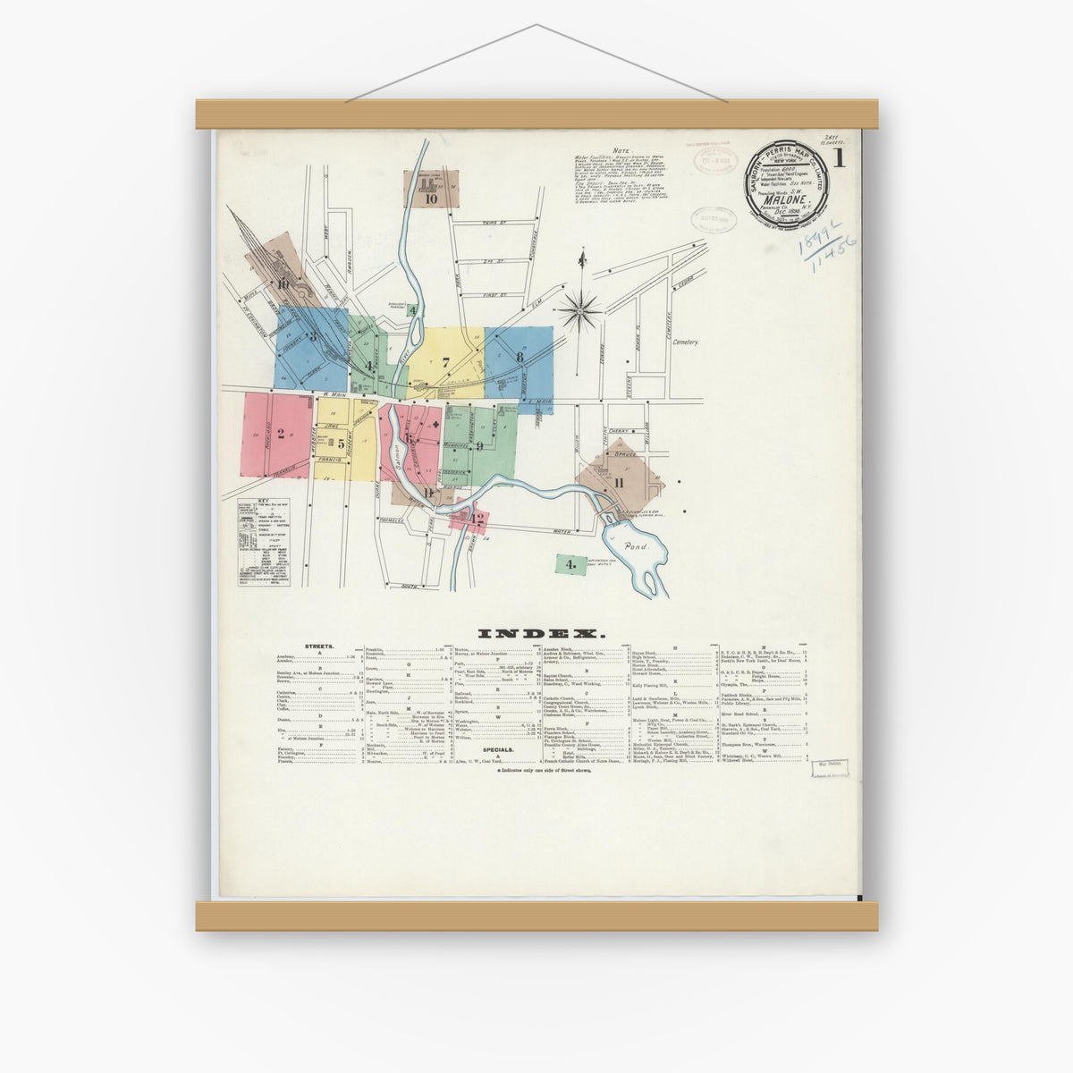 Old map wall art mockup — magnetic wood frame on white wall — Sanborn Fire Insurance Map from Malone, Franklin County, New York (1898), Sheet #0001