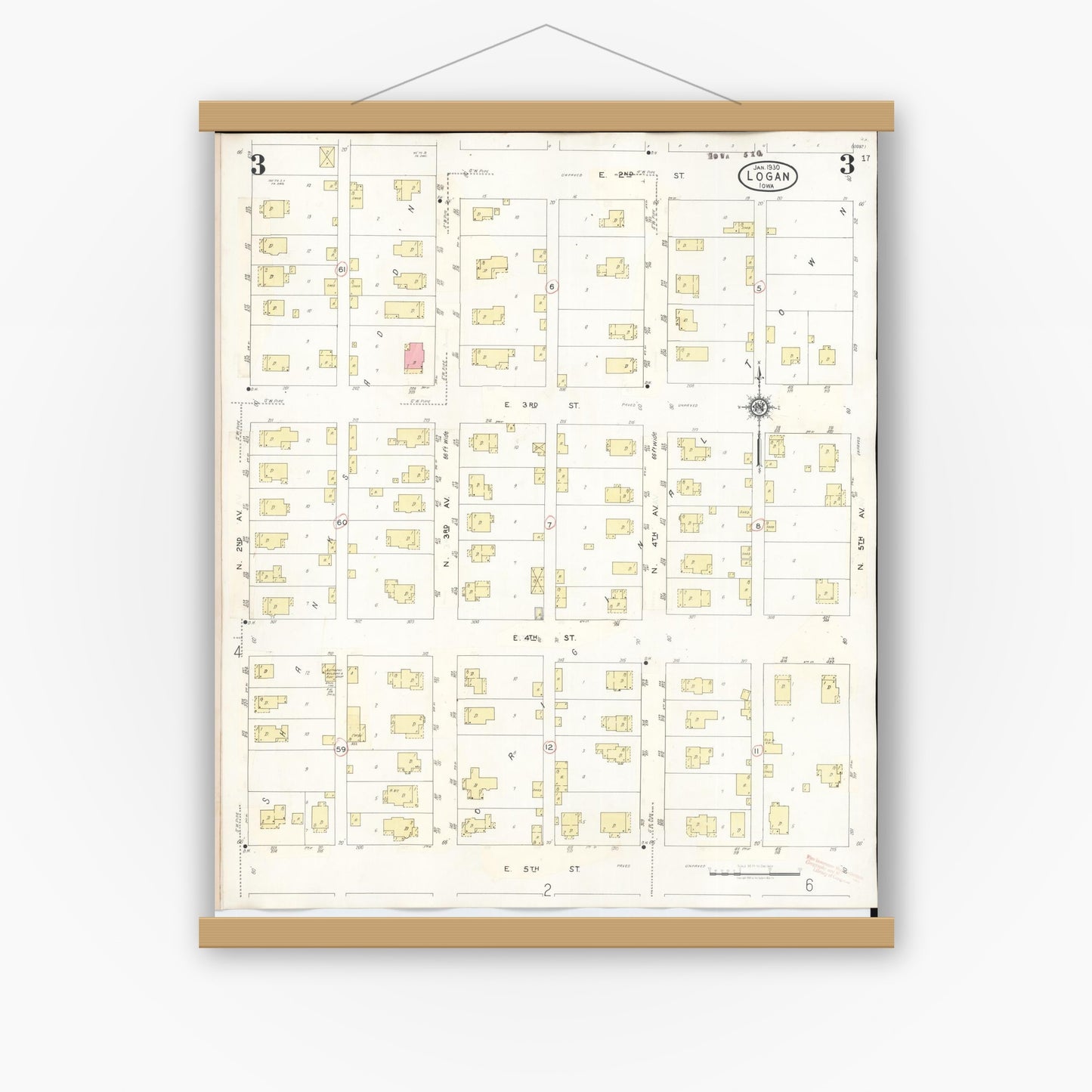 Old map wall art mockup — magnetic wood frame on white wall — Sanborn Fire Insurance Map from Logan, Harrison County, Iowa (1934), Sheet #0003