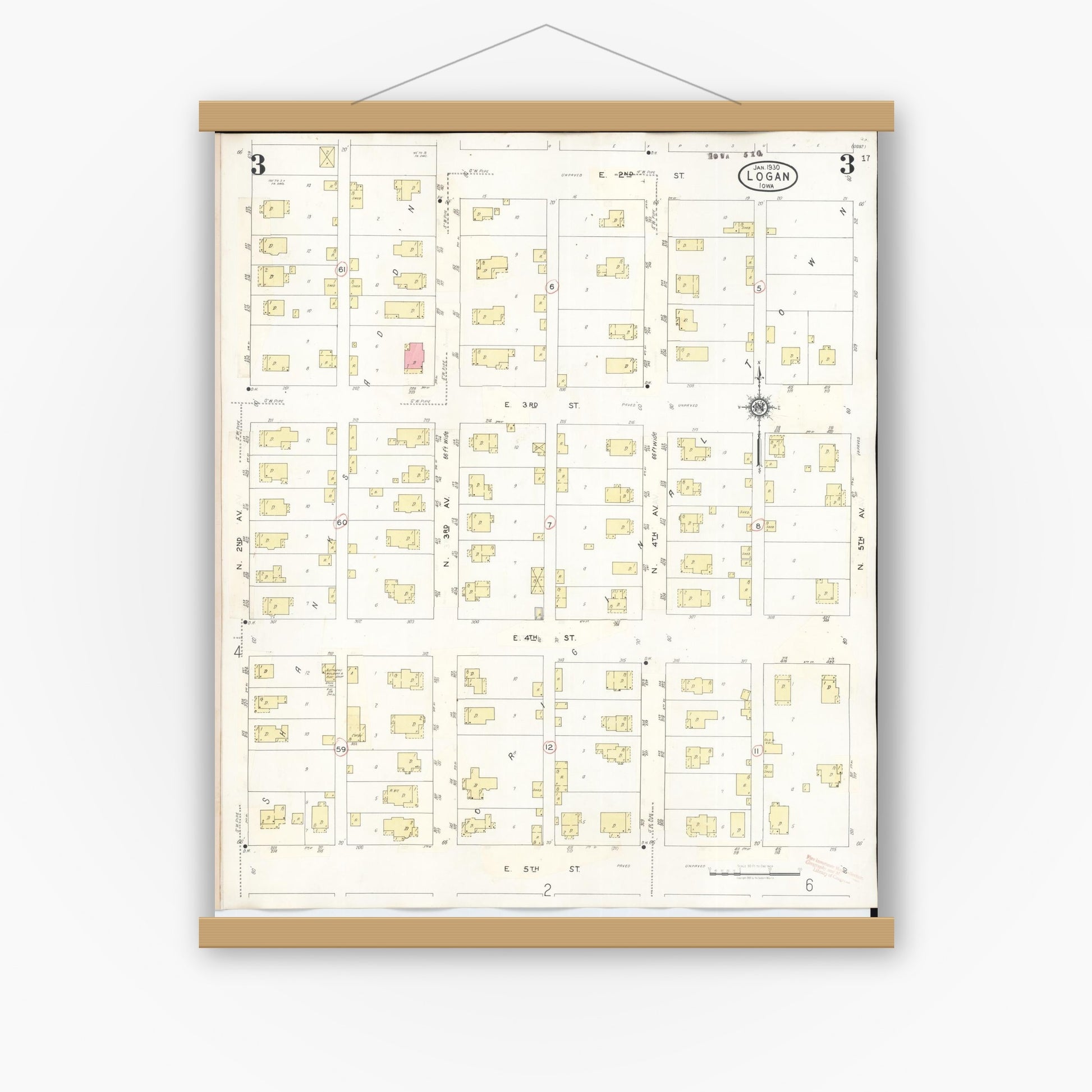 Old map wall art mockup — magnetic wood frame on white wall — Sanborn Fire Insurance Map from Logan, Harrison County, Iowa (1934), Sheet #0003